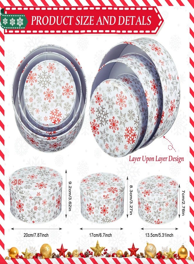 Lingvee 3 Pcs Christmas Cookie Tins with Lids for Gift Giving Tin Containers Round Festive Cookie Tins Metal Nesting Containers Large Medium Small(Lively Style,White and Red) - Image 2